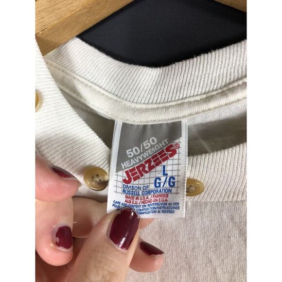 Vintage 1980s Jerzees Grid Tag 50 50 Blend T Shirt Buttons Collar Large Mens - Picture 7 of 8